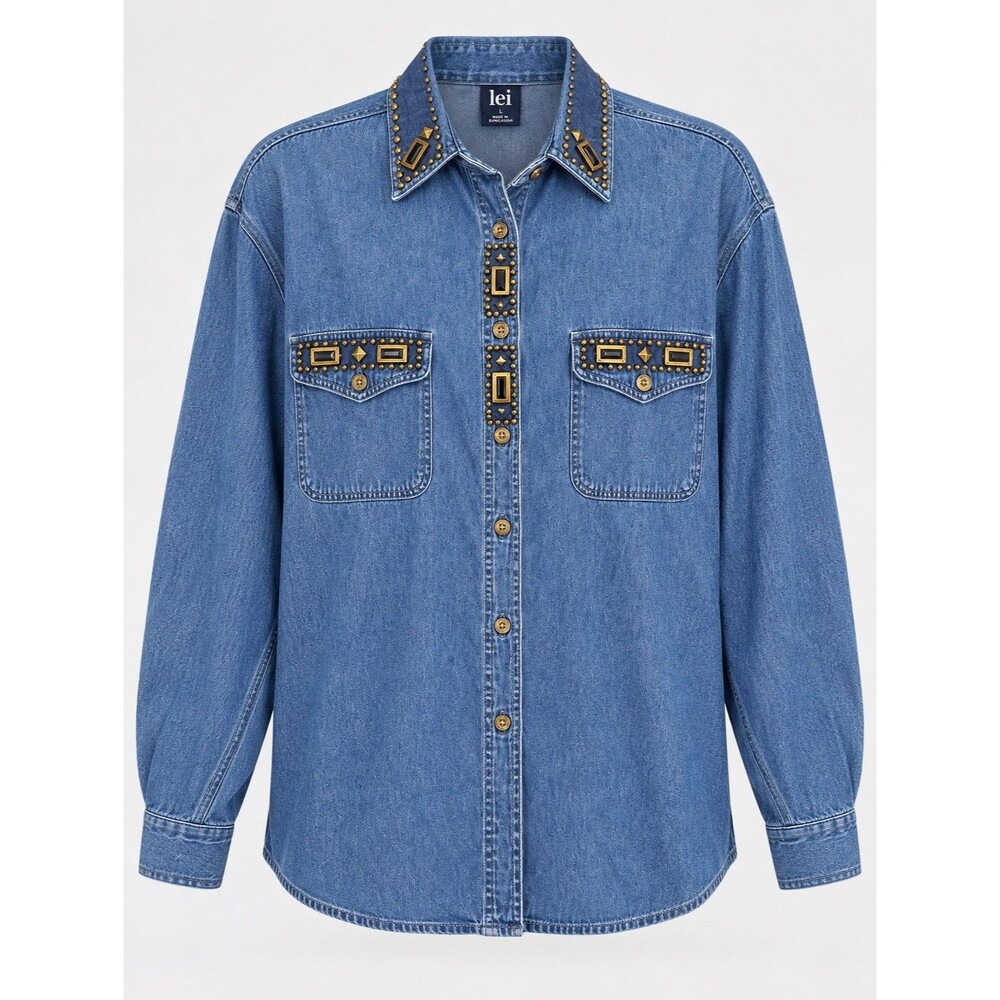 Womens XL Denim Shirt Brass Studded Button Up Oversized Long Sleeve Made USA